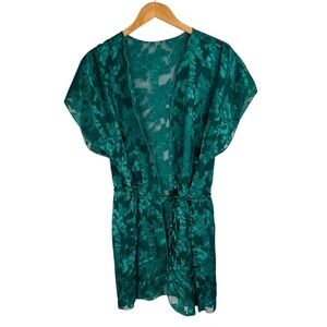 Vtg Colesce Collection Satin Sheer Robe One Size Teal Emerald Green Floral